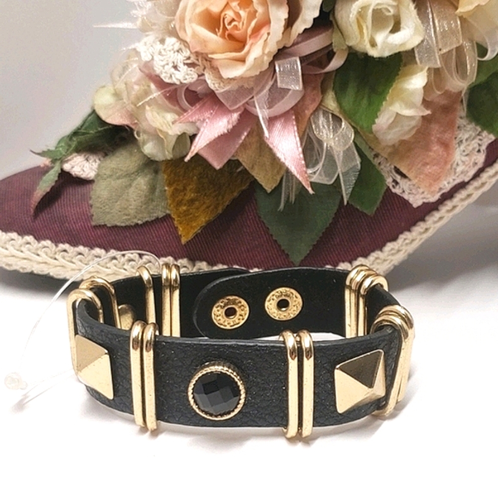 Black Crystal & Gold Spike Leather Snap Bracelet